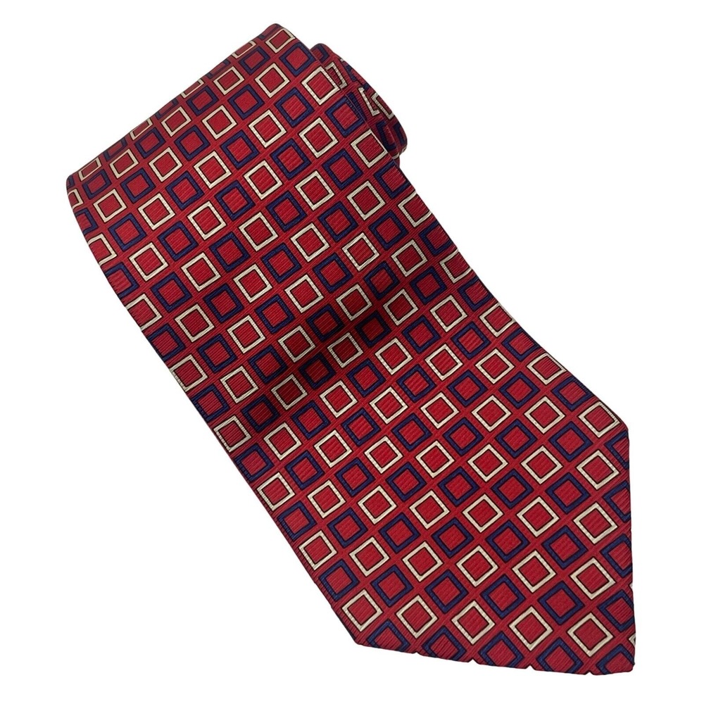 Lauren Ralph Lauren Silk Necktie Mens Red Blue Geometric Square Pattern Formal